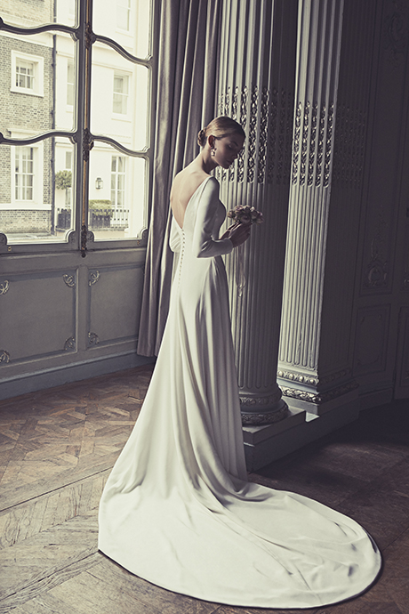 Phillipa-Lepley-Couture-Wedding-Dress-London-UK-Designer-Bespoke-Couture-Auteuil Crepe-Plain-Simple-Boat-Neckline-No-Corset-Slim-V-Neck-Back-Full-Length-Long-Sleeves2