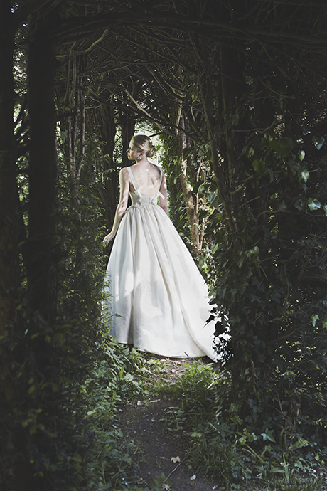 Phillipa-Lepley-Couture-Wedding-Dress-London-UK-Designer-Bespoke-Couture-Toulouse-Suffolk-Brocade-Gathered-Waist-Pinafore-Staps-Bows-at-Back-Long-Train-Corset-1560 460 x 490