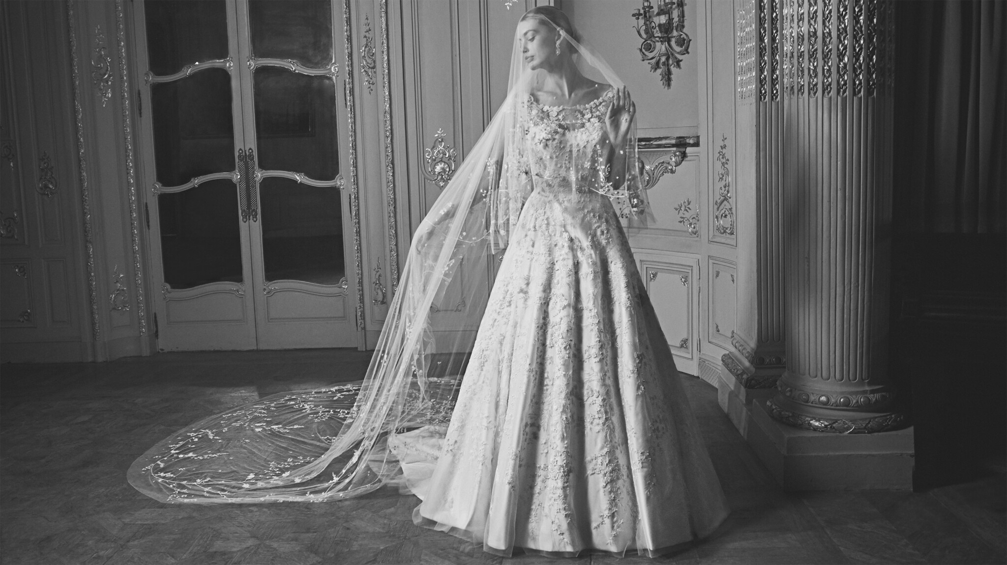 -Phillipa-Lepley-Couture-Wedding-Dress-London-UK-Designer-Bespoke-Couture-Marielle-Magnolia-Peonies-Soft-Neckline-Hand-Embroidered-Tulle-Floral-Wedding-Gown-Long-Train-Corset-BW-Veil