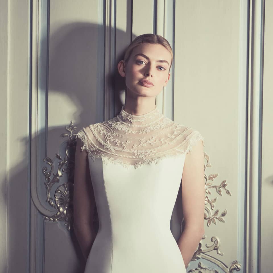 Phillipa-Lepley-Couture-Wedding-Dress-London-UK-Designer-Bespoke-Couture-Monte-Carlo-Lineaire-High-Collar-Princess-Line-Crepe-Wedding-Gown