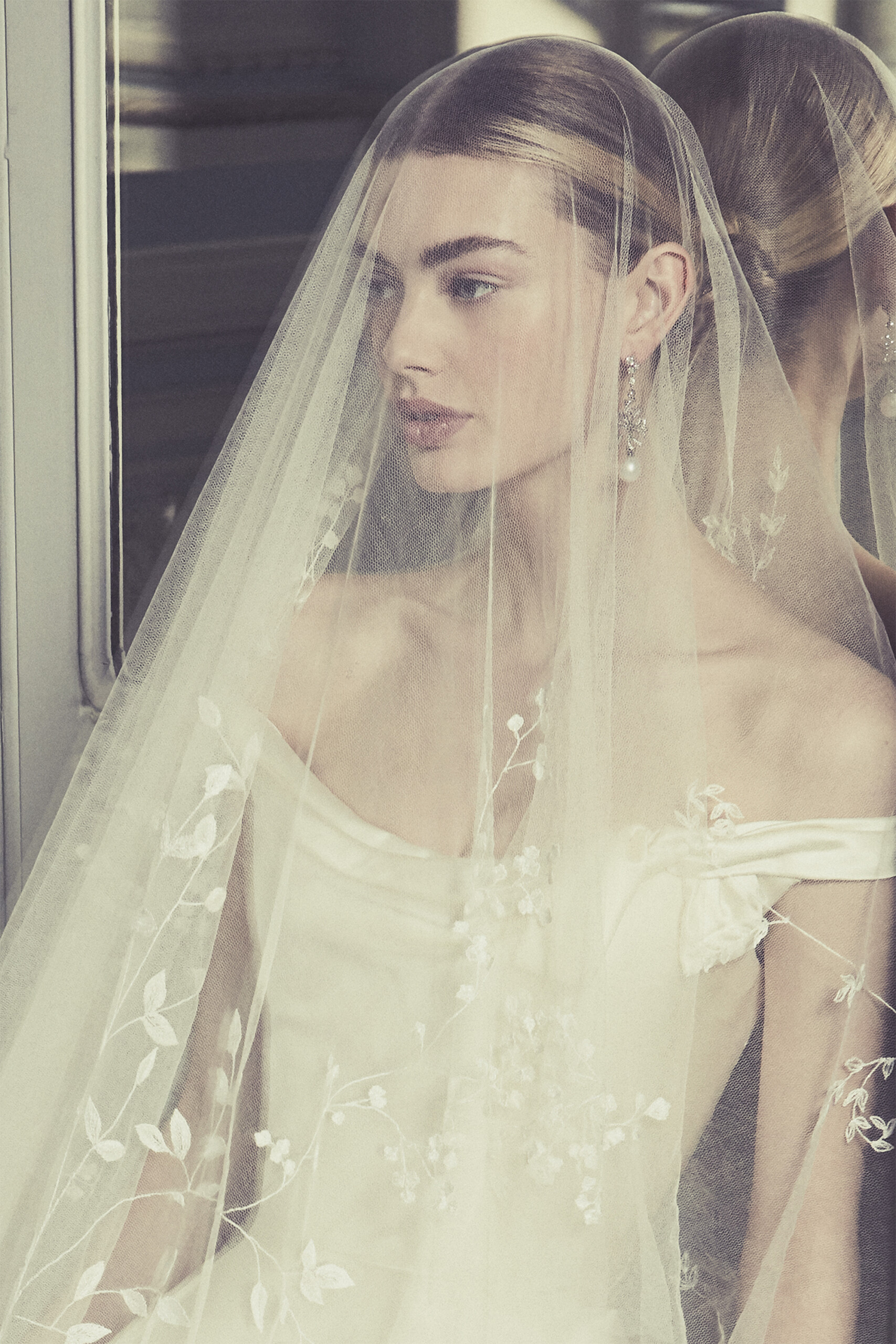 Phillipa-Lepley-Couture-Wedding-Dress-London-UK-Designer-Bespoke-Couture-Vienna-Decollete-Bow-Off-The-Shoulder-Bow-Neckline-Satin-Corset-Full-Skirt-Long-Train-Wedding-Gown-Colour-Veil-Close