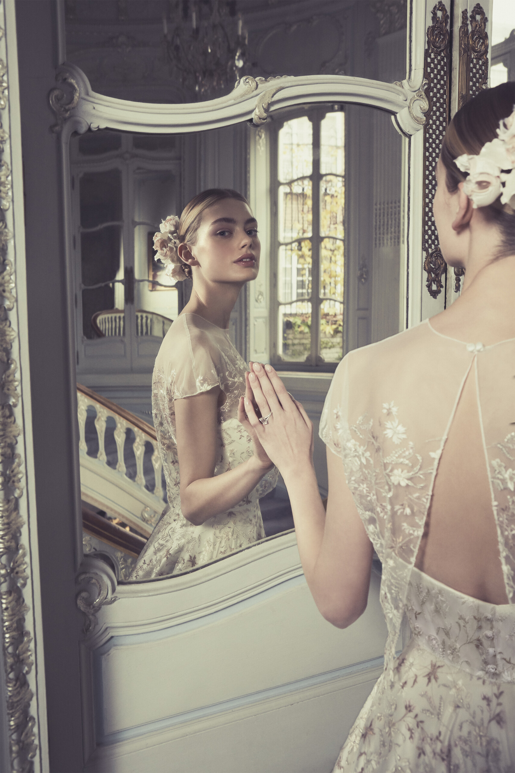 Phillipa-Lepley-Couture-Wedding-Dress-London-UK-Designer-Bespoke-Couture-Vienna-Swiss-Meadow-Floral-Colored-Embroidered-Tulle-Wedding-Gown-Open-Back-Top-Long-Train-Corset