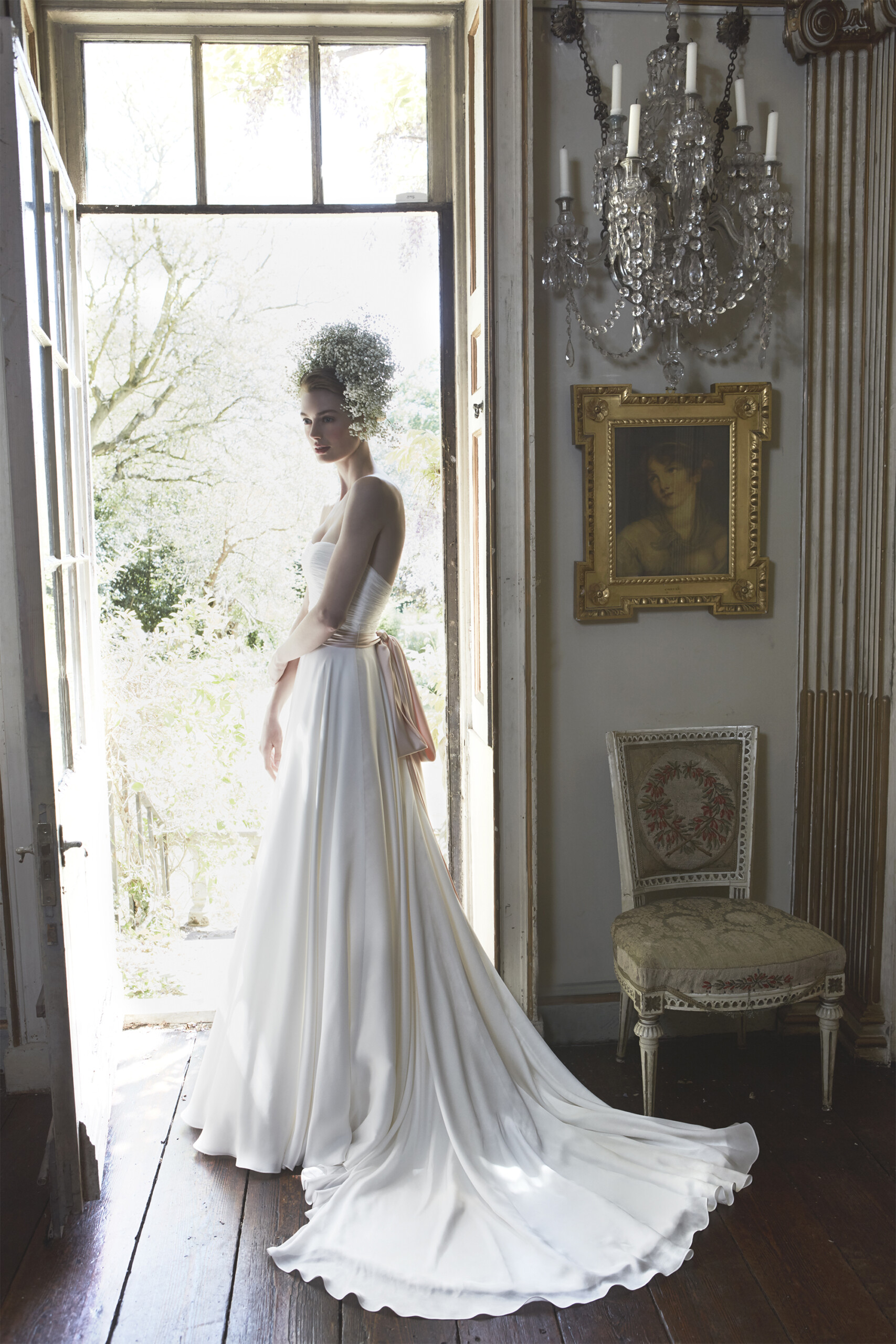 Phillipa-Lepley-Couture-Wedding-Dress-Vienna-Ballet-Strapless-Corset-Soft-Chiffon-Skirt-Pink-Sash-Floral-Head-Piece