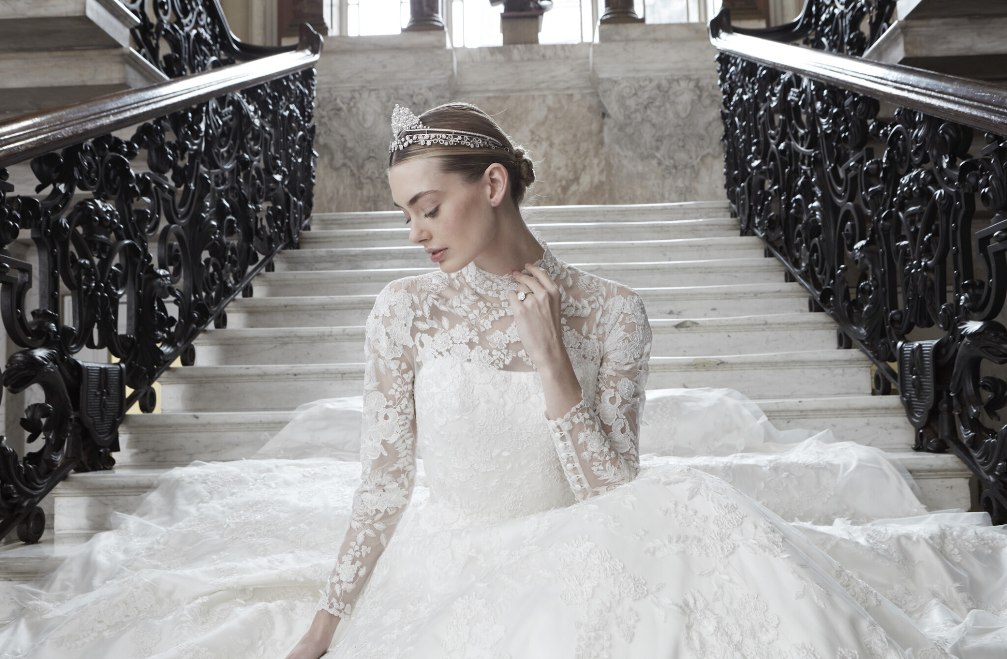 A High Neck Embroidered Wedding Dress