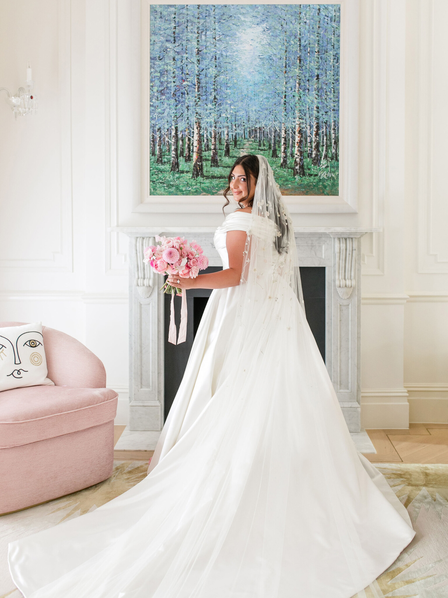 Phillipa Lepley Bride Arevik White Duchess Satin Dahlia Garden Veil
