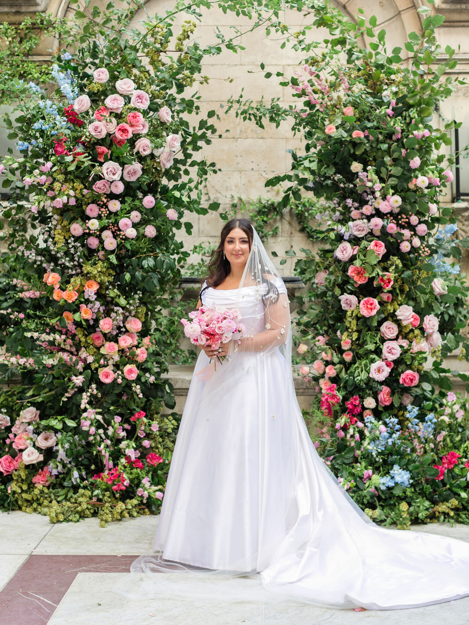Phillipa Lepley Bride Arevik White Duchess Satin Dahlia Garden Veil