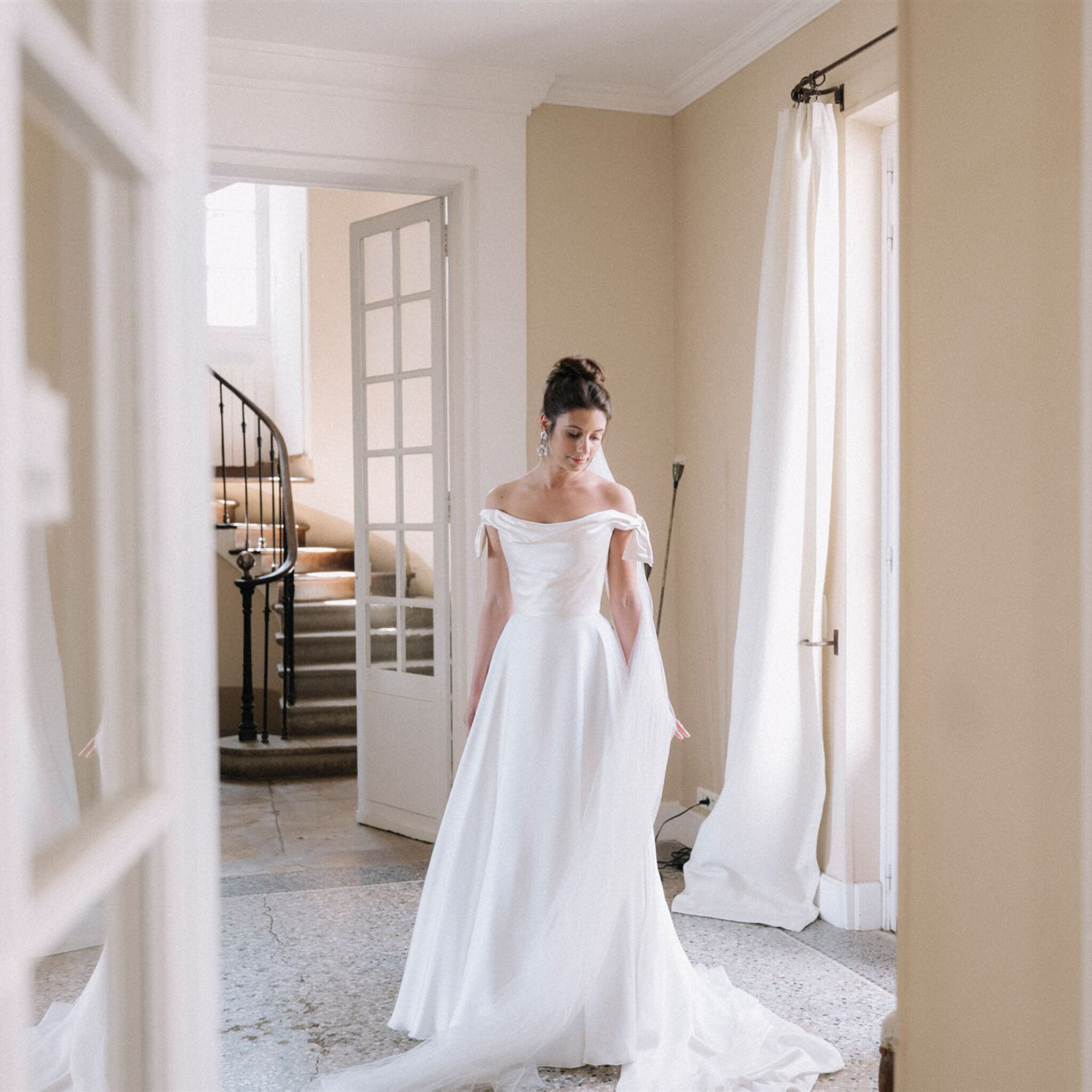 Phillipa Lepley Bride Constance Destination Wedding France Off The Shoulder Satin Couture Wedding Dress