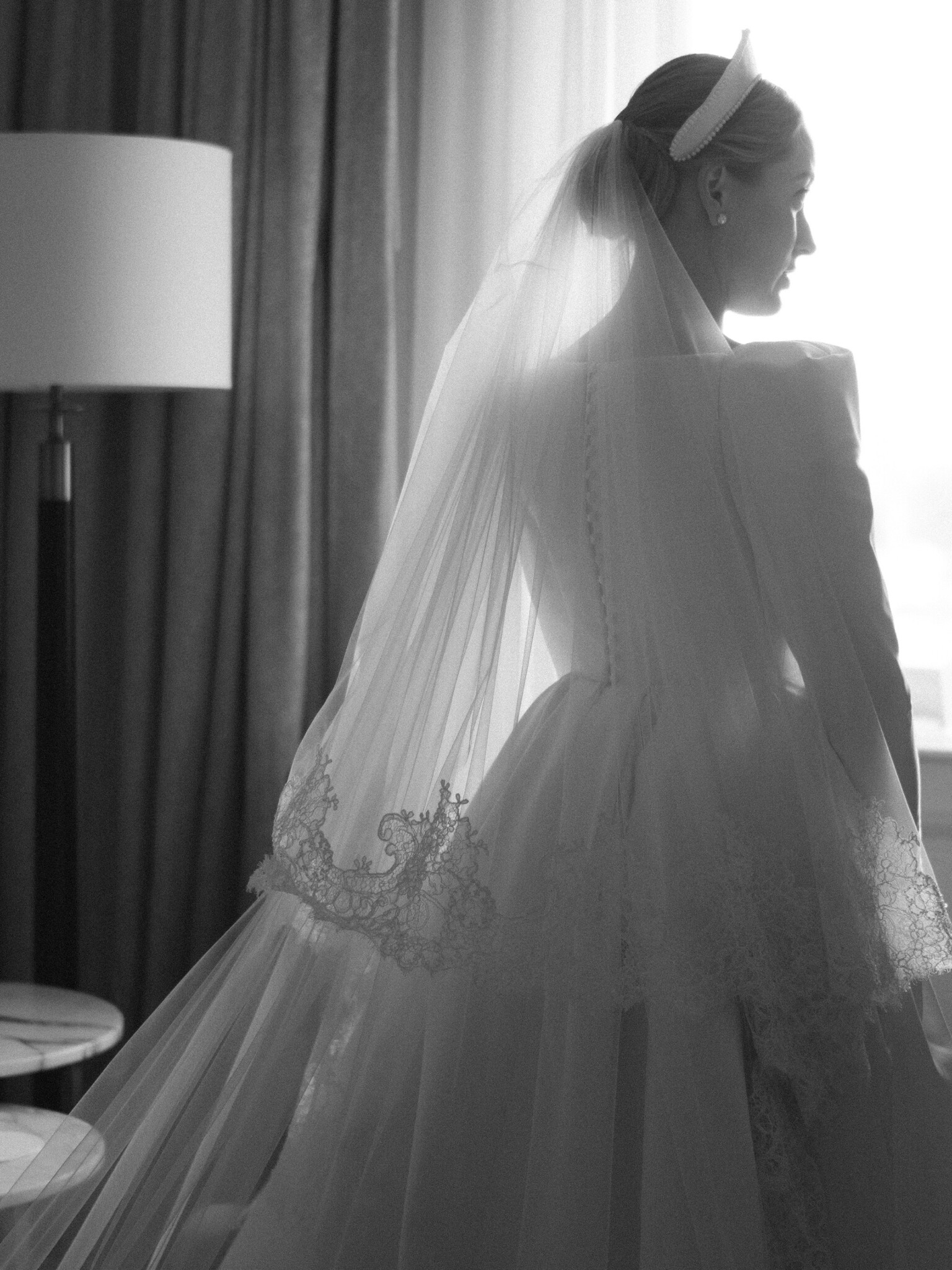 Phillipa Lepley Bride Maria Duchess Satin Square Neckline Wedding Dress Buttercup Lace Veil