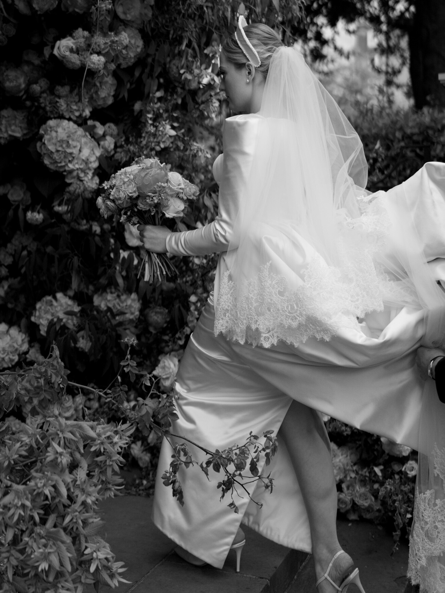 Phillipa Lepley Bride Maria Duchess Satin Square Neckline Wedding Dress Buttercup Lace Veil