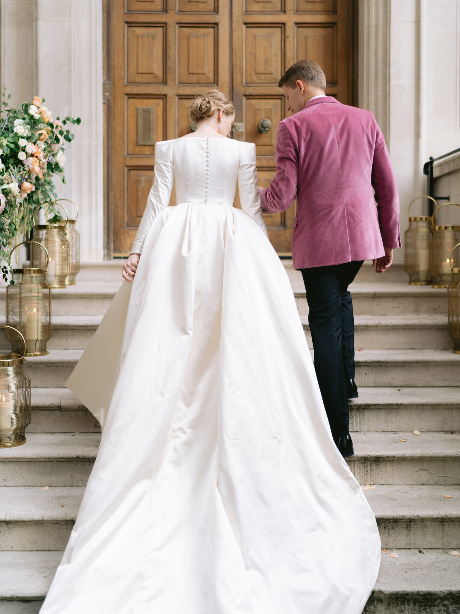 Phillipa Lepley Bride Maria Duchess Satin Square Neckline Wedding Dress Buttercup Lace Veil