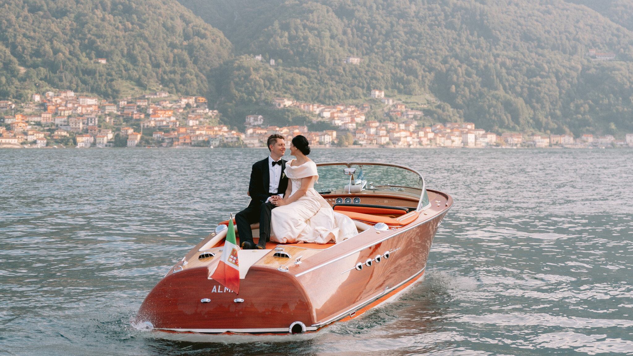 Phillipa Lepley Bride Katie Couture Off The Shoulder Duchess Satin Column Dress Bespoke Floral Embroidery Lake Como Wedding