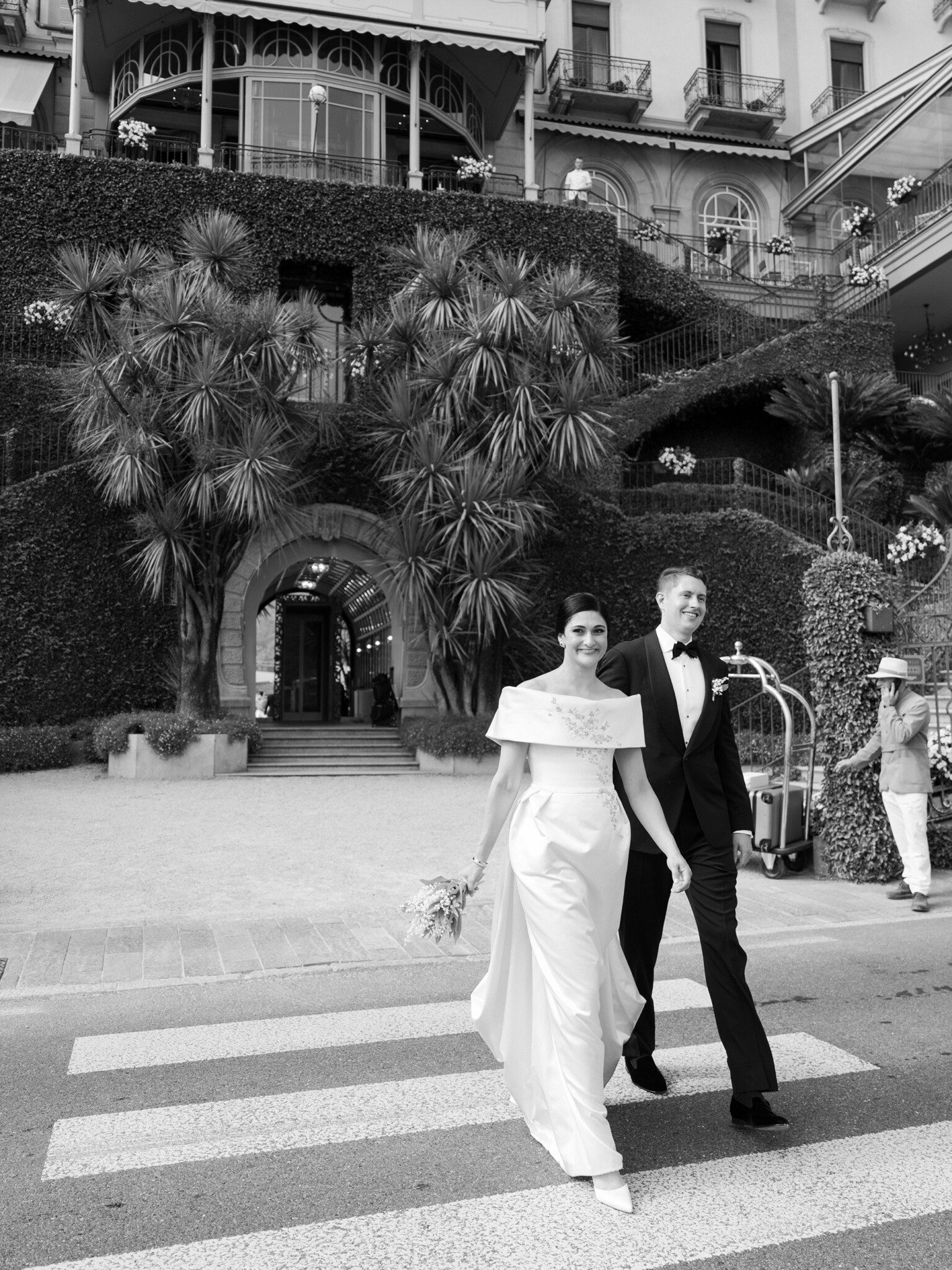 Phillipa Lepley Bride Katie Couture Off The Shoulder Duchess Satin Column Dress Bespoke Floral Embroidery Lake Como Wedding