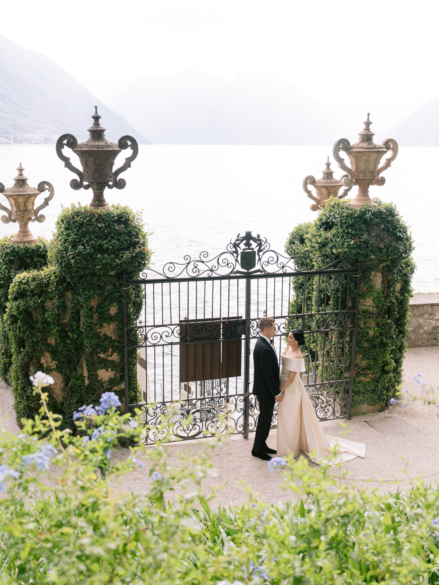 Phillipa Lepley Bride Katie Couture Off The Shoulder Duchess Satin Column Dress Bespoke Floral Embroidery Lake Como Wedding