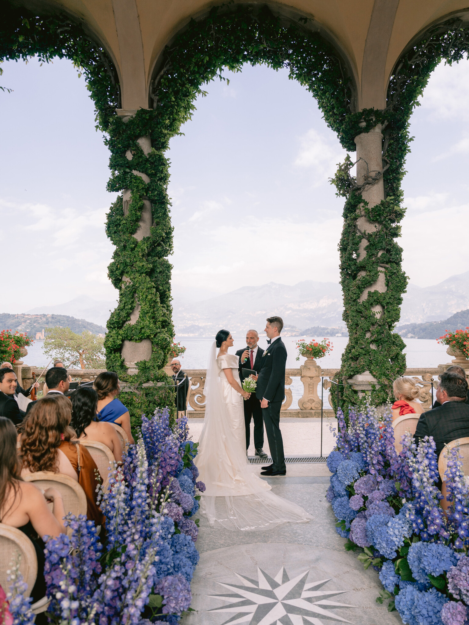 Phillipa Lepley Bride Katie Couture Off The Shoulder Duchess Satin Column Dress Bespoke Floral Embroidery Lake Como Wedding