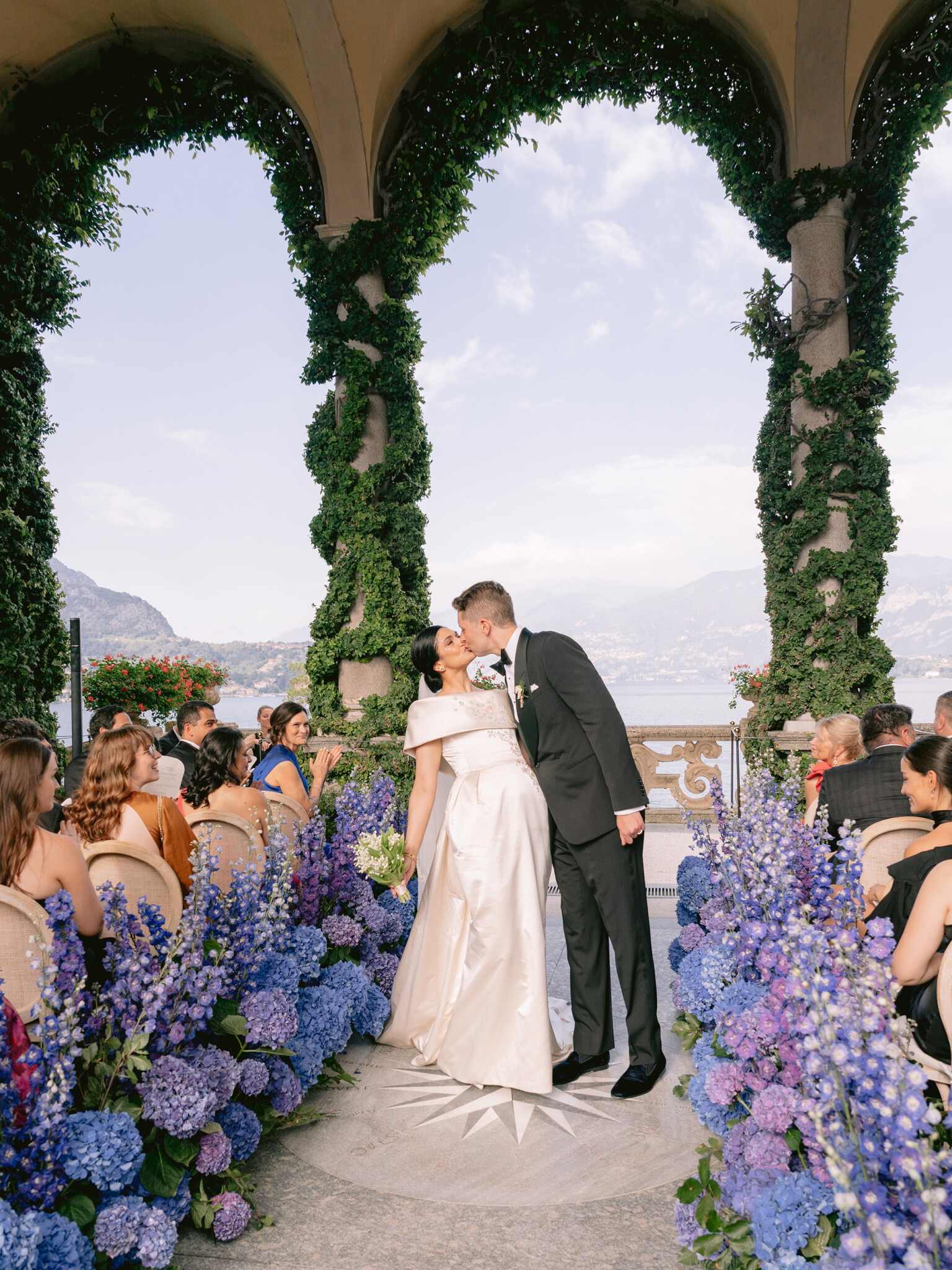 Phillipa Lepley Bride Katie Couture Off The Shoulder Duchess Satin Column Dress Bespoke Floral Embroidery Lake Como Wedding