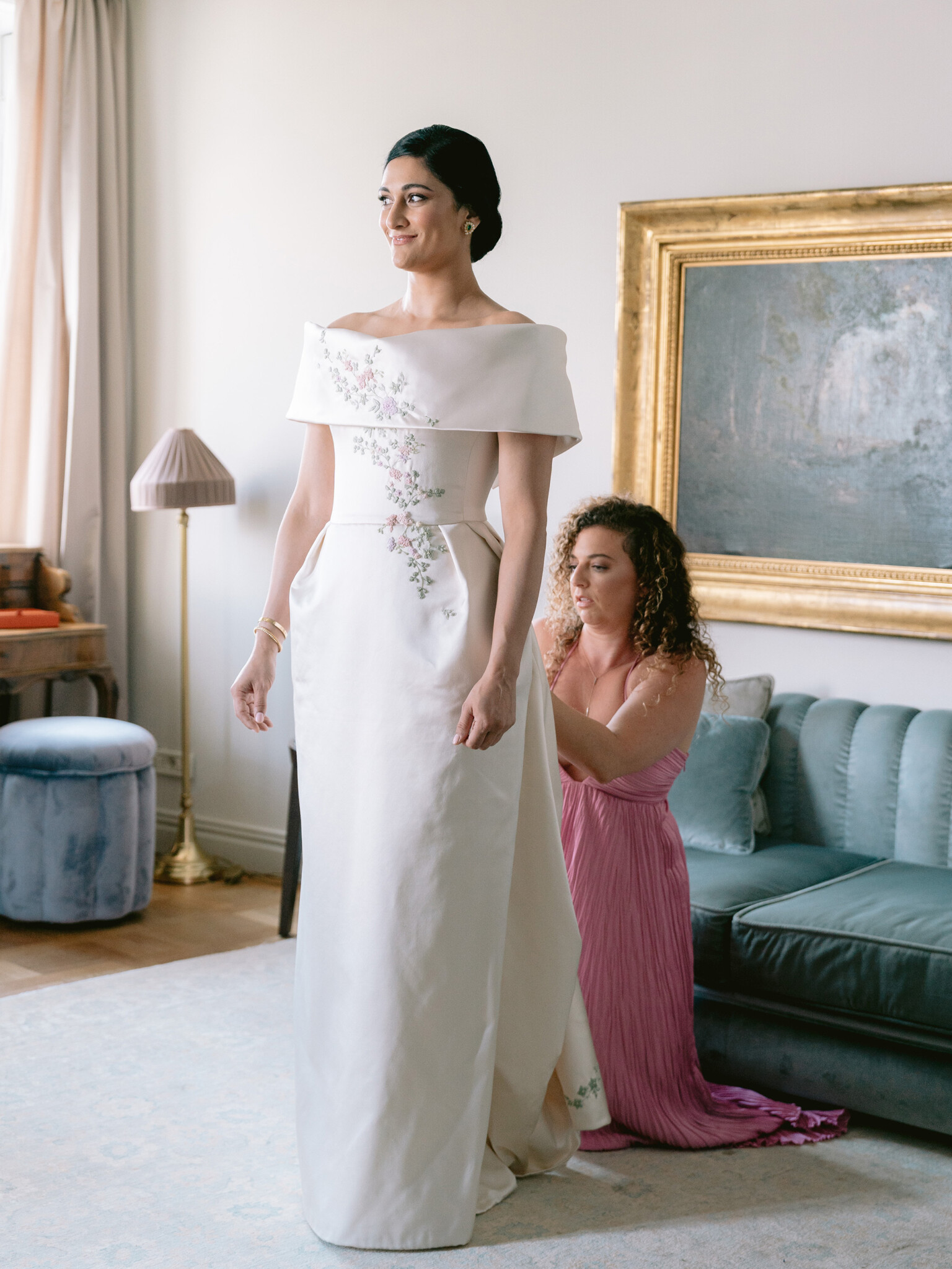 Phillipa Lepley Bride Katie Couture Off The Shoulder Duchess Satin Column Dress Bespoke Floral Embroidery Lake Como Wedding