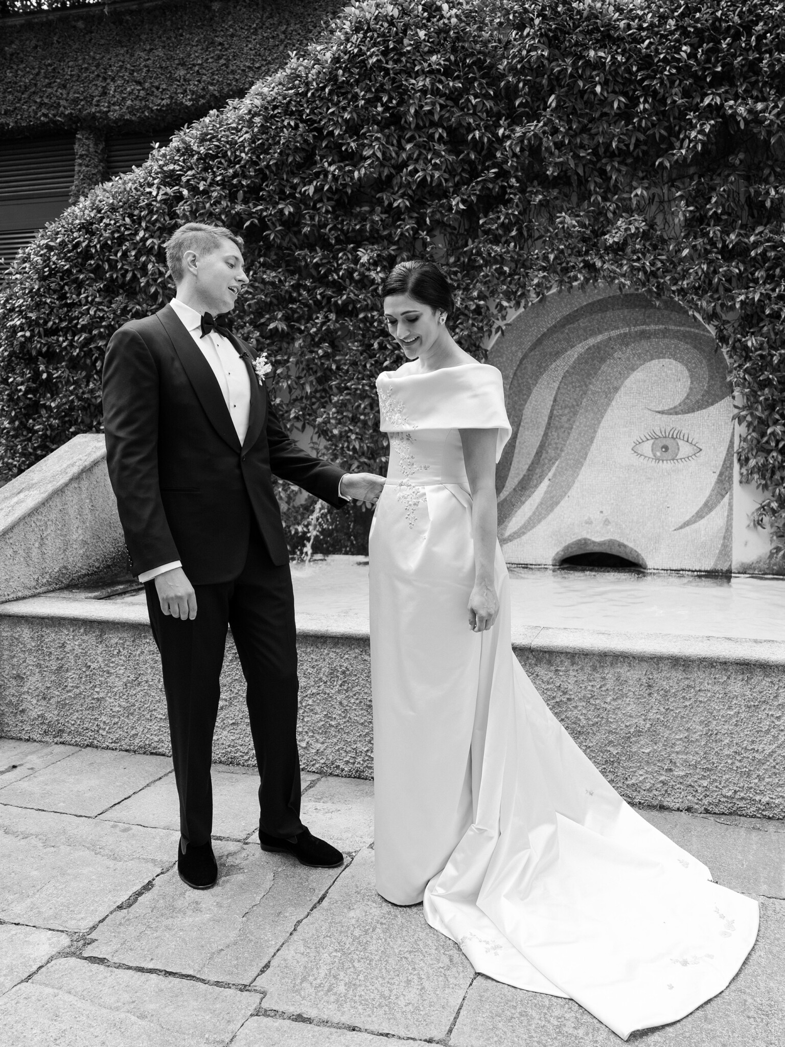 Phillipa Lepley Bride Katie Couture Off The Shoulder Duchess Satin Column Dress Bespoke Floral Embroidery Lake Como Wedding
