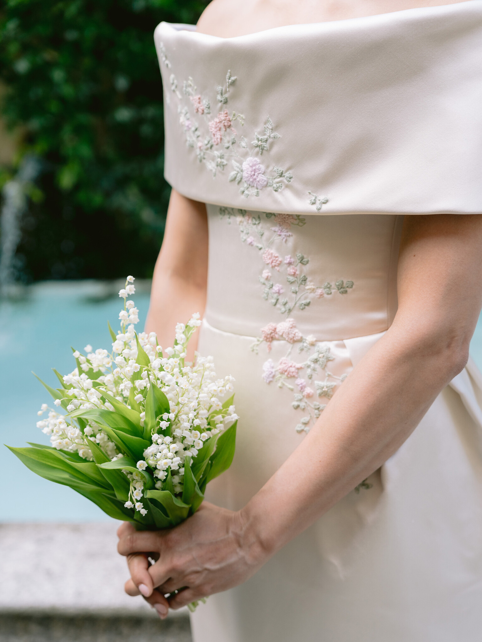 Phillipa Lepley Bride Katie Couture Off The Shoulder Duchess Satin Column Dress Bespoke Floral Embroidery Lake Como Wedding