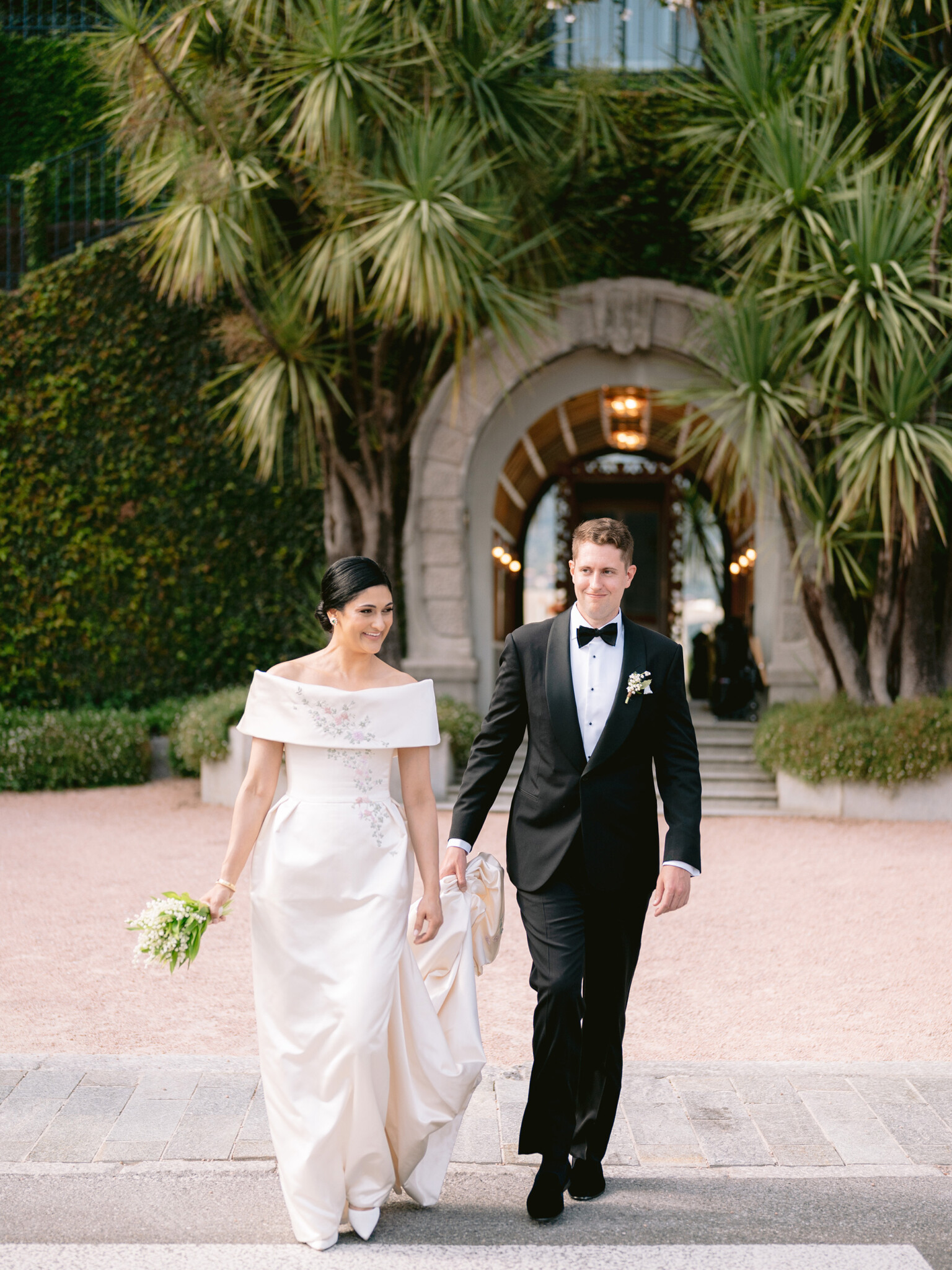 Phillipa Lepley Bride Katie Couture Off The Shoulder Duchess Satin Column Dress Bespoke Floral Embroidery Lake Como Wedding