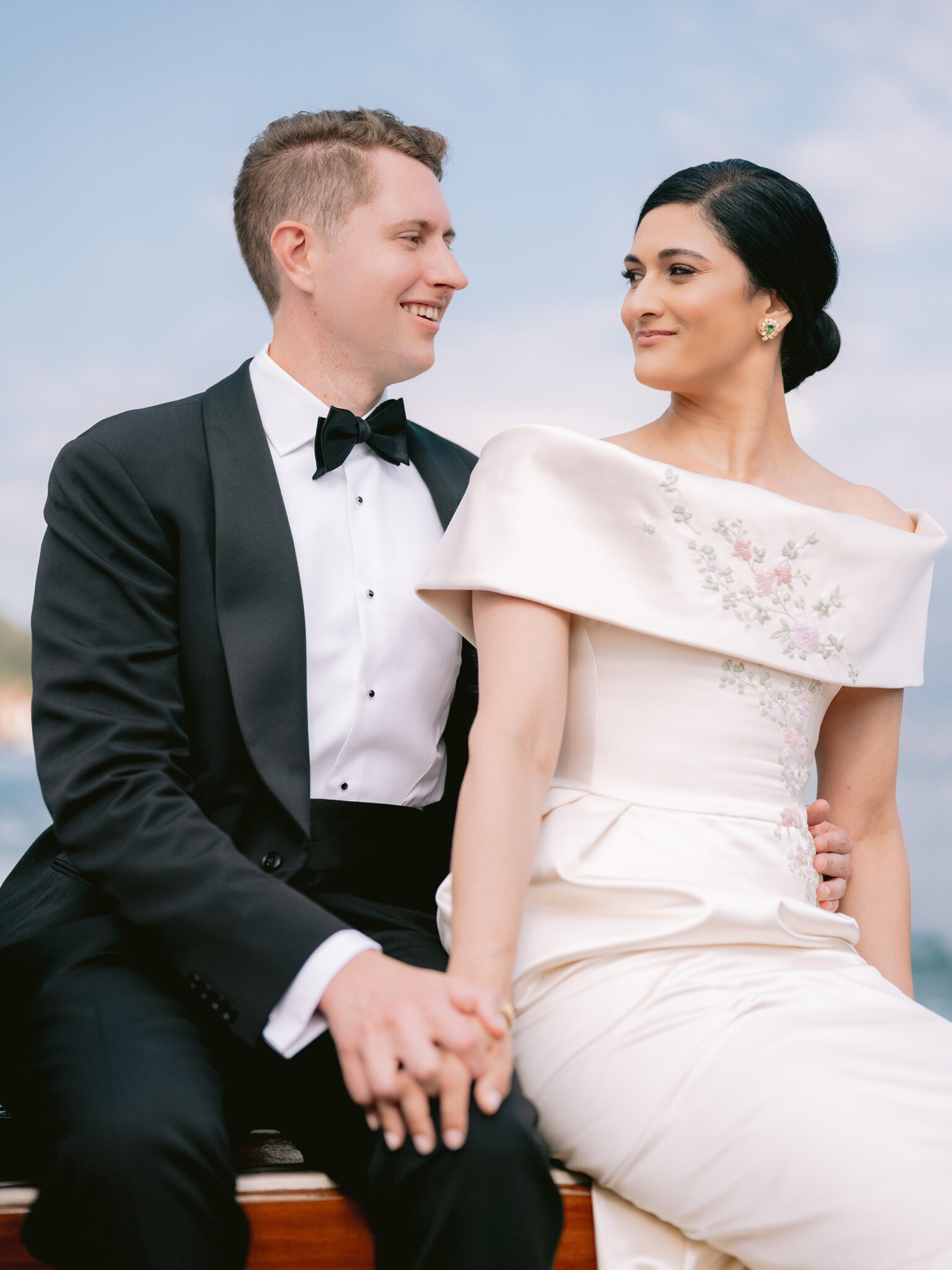 Phillipa Lepley Bride Katie Couture Off The Shoulder Duchess Satin Column Dress Bespoke Floral Embroidery Lake Como Wedding