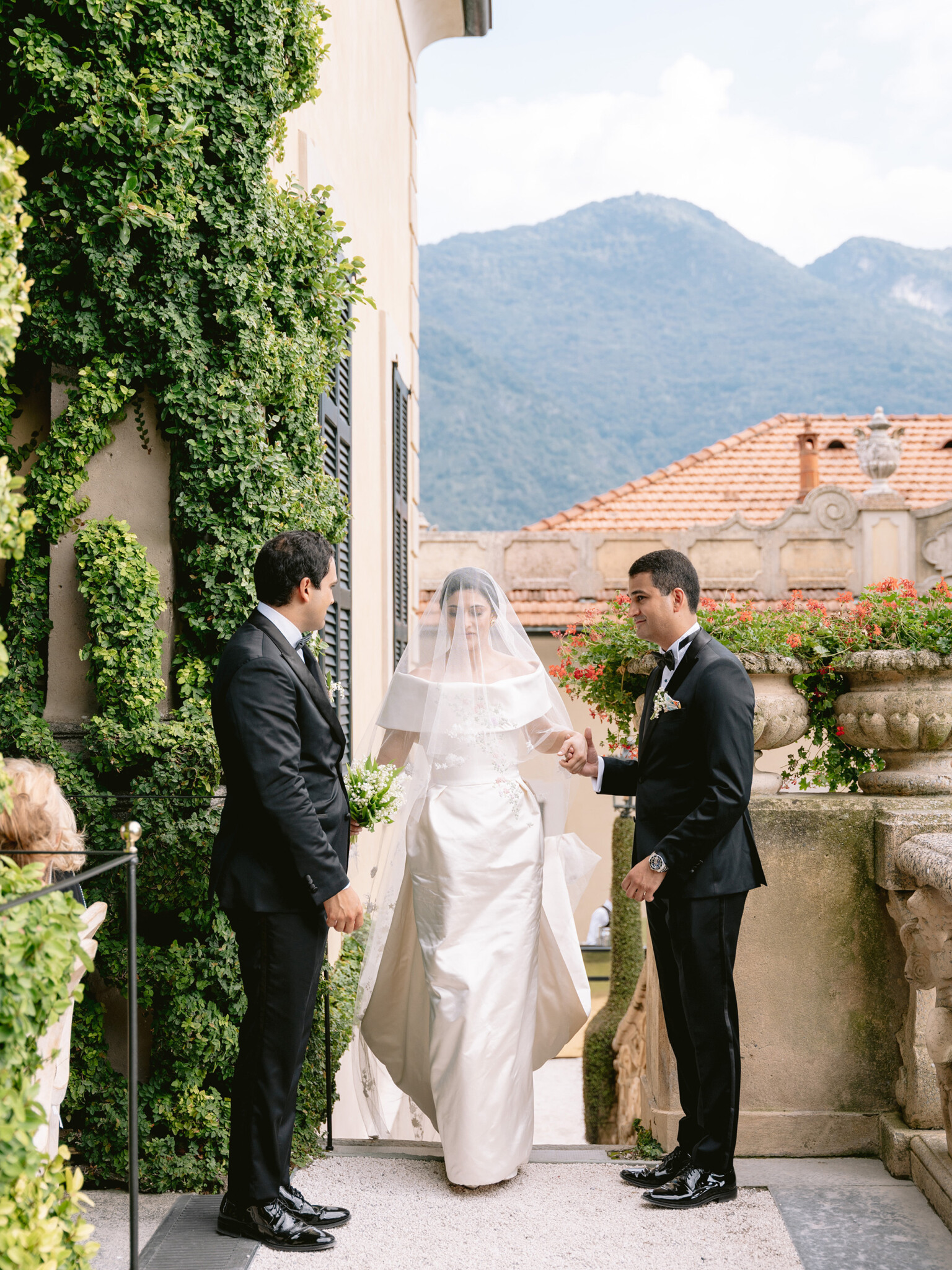Phillipa Lepley Bride Katie Couture Off The Shoulder Duchess Satin Column Dress Bespoke Floral Embroidery Lake Como Wedding