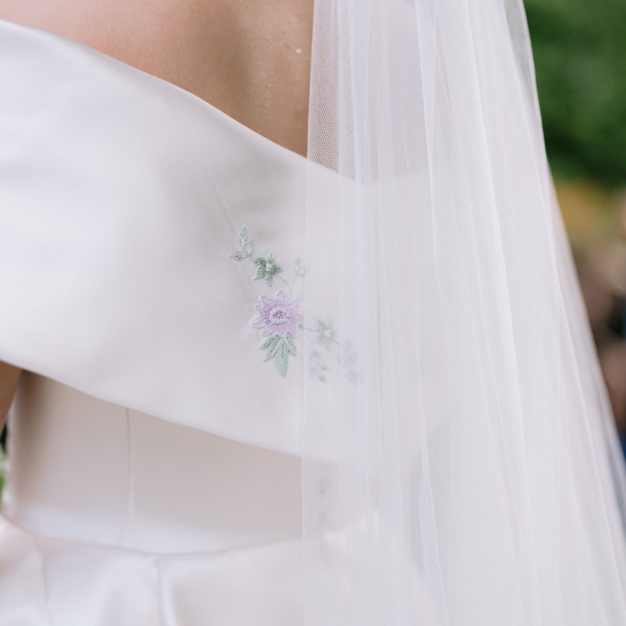 Phillipa Lepley Bride Katie Couture Off The Shoulder Duchess Satin Column Dress Bespoke Floral Embroidery Lake Como Wedding