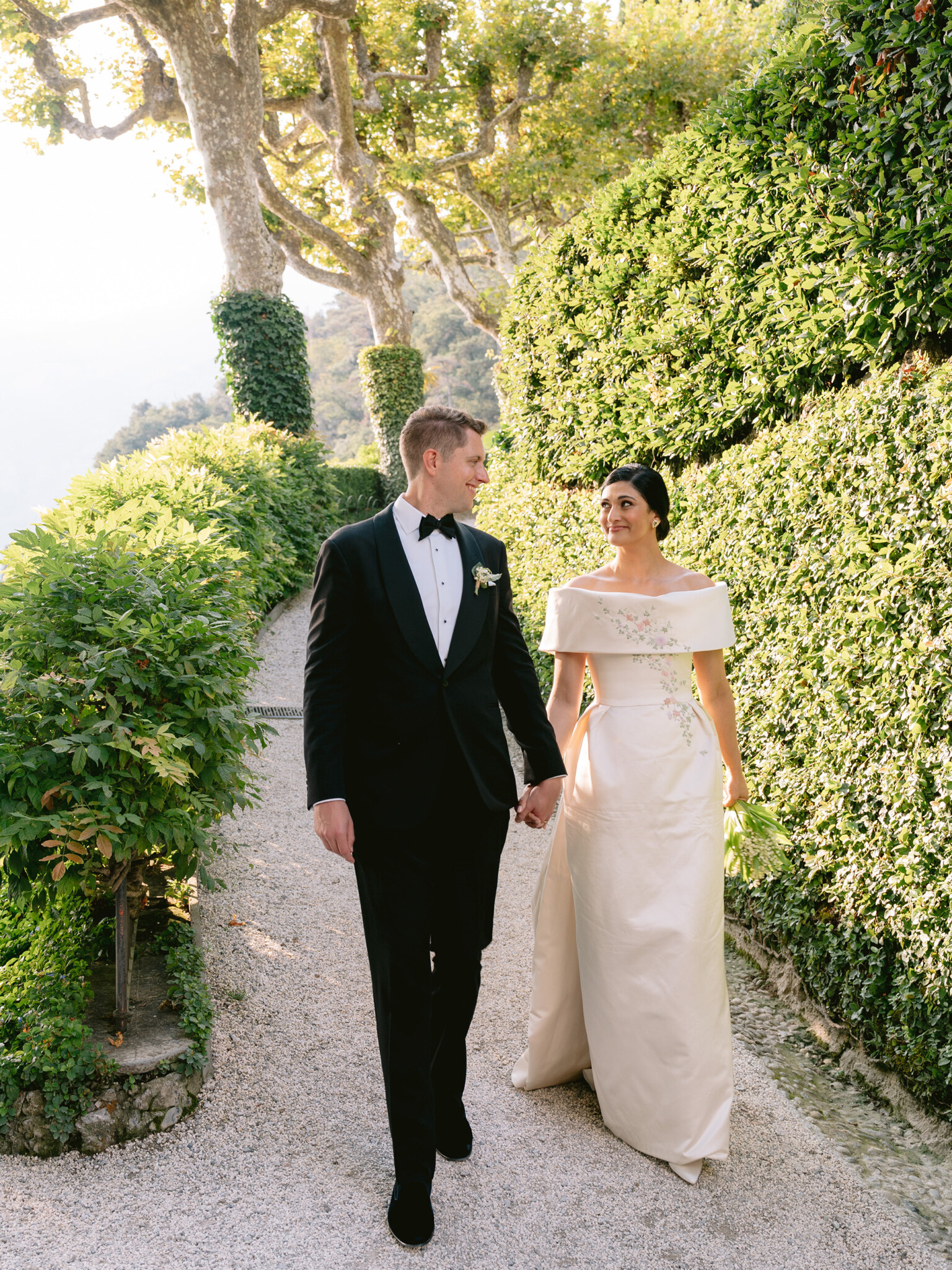 Phillipa Lepley Bride Katie Couture Off The Shoulder Duchess Satin Column Dress Bespoke Floral Embroidery Lake Como Wedding