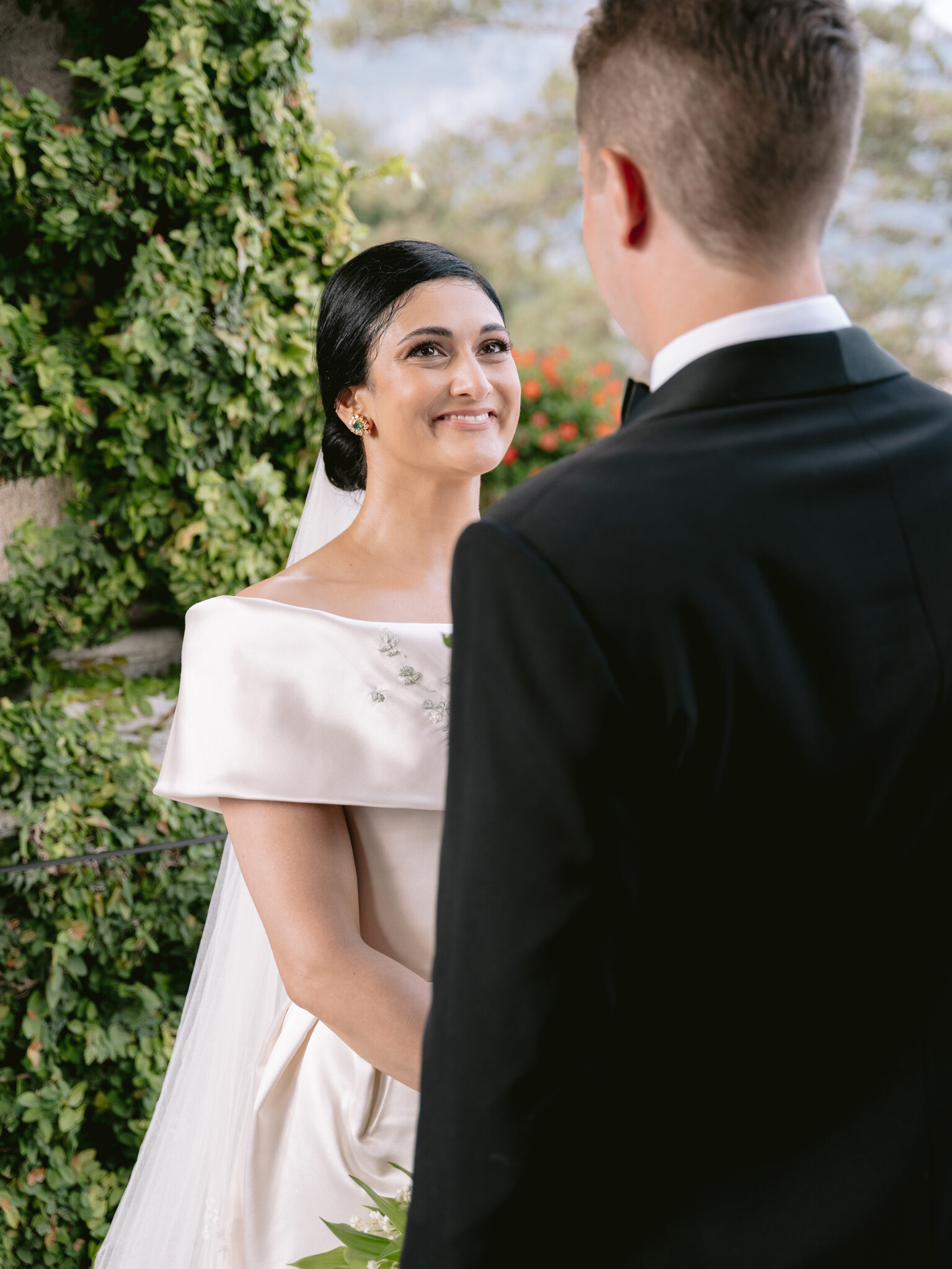 Phillipa Lepley Bride Katie Couture Off The Shoulder Duchess Satin Column Dress Bespoke Floral Embroidery Lake Como Wedding
