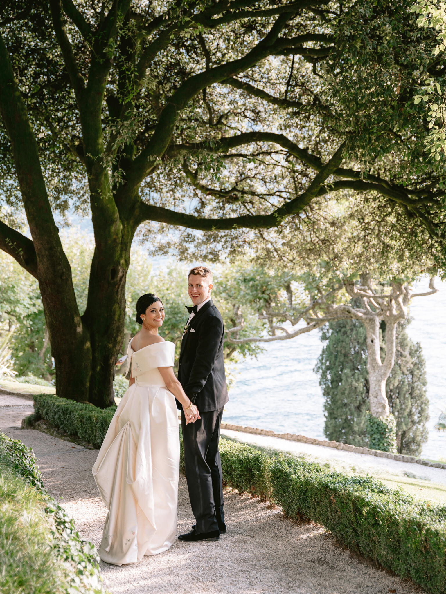 Phillipa Lepley Bride Katie Couture Off The Shoulder Duchess Satin Column Dress Bespoke Floral Embroidery Lake Como Wedding