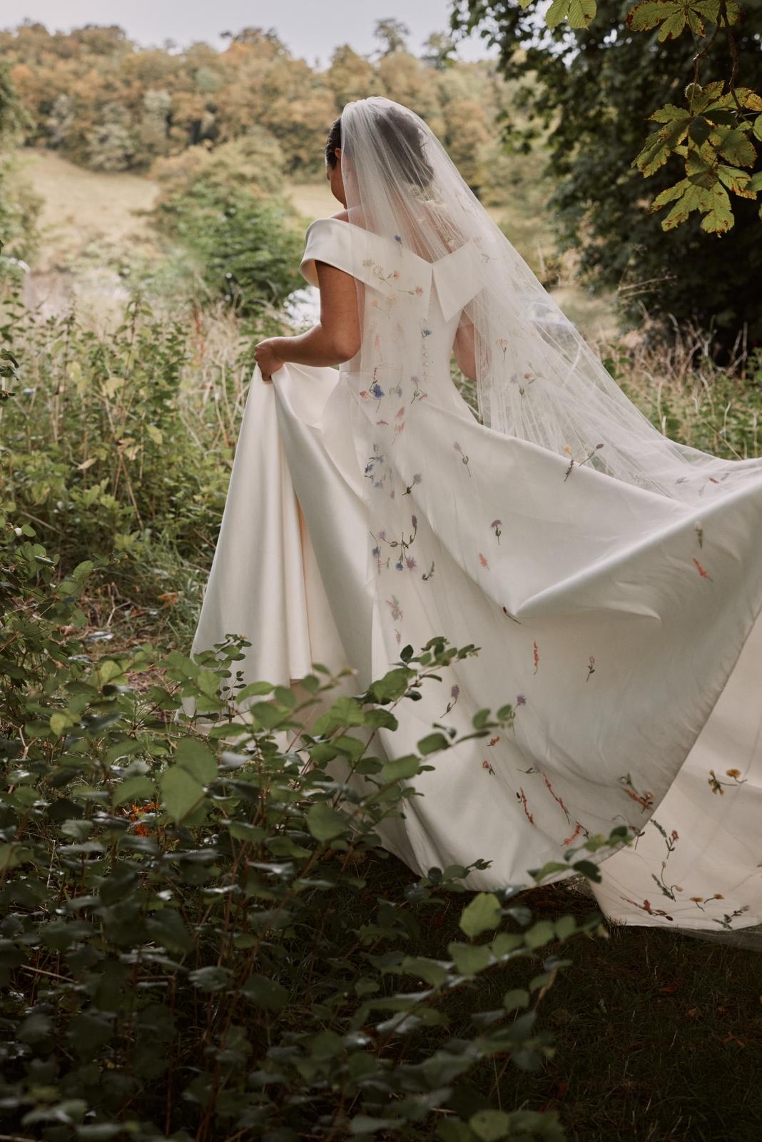 Phillipa_Lepley_Bride_Harriet_Duchess_Satin_Off_The_Shoulder_Wedding_Dress_Colourful_Hand_Embroidered_Wildflower_Meadow_Veil