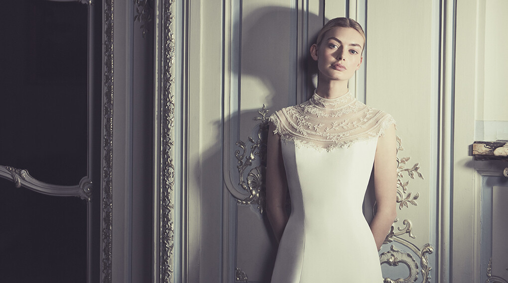 Phillipa-Lepley-Couture-Wedding-Dress-London-UK-Designer-Bespoke-Couture-Monte-Carlo-Lineaire-High-Collar-Princess-Line-Crepe-Wedding-Gown-Circle-Embroidered-Yoke