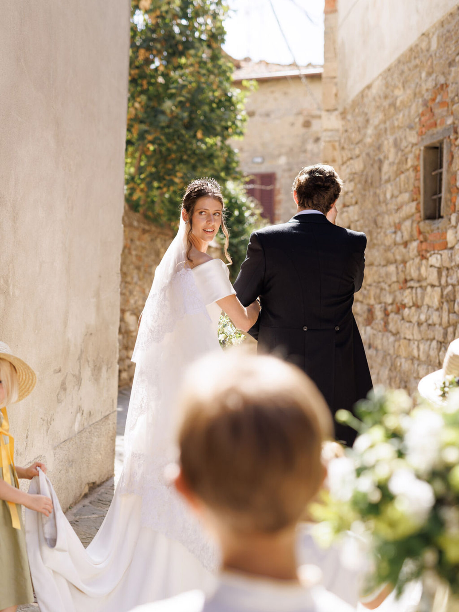 Phillipa Lepley bride Tatiana Silk Crepe and Duchess Satin Wedding Dress Bespoke Personal Embroidery Tuscany Italian Wedding