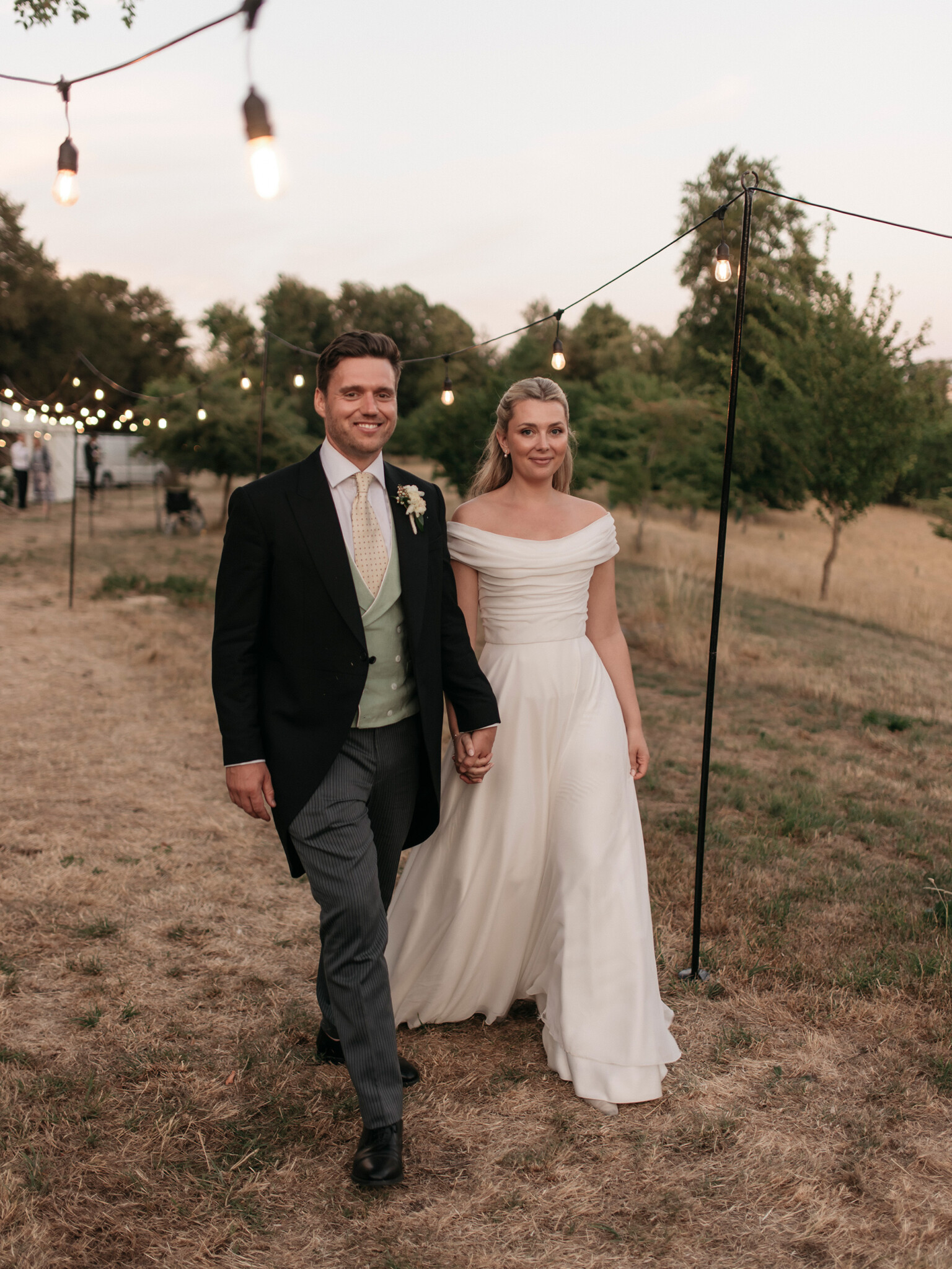Phillipa Lepley bride Flo English Countryside Wedding Lightweight Georgette Off The Shoulder Couture Wedding Dress with Bespoke Embroidered Veil