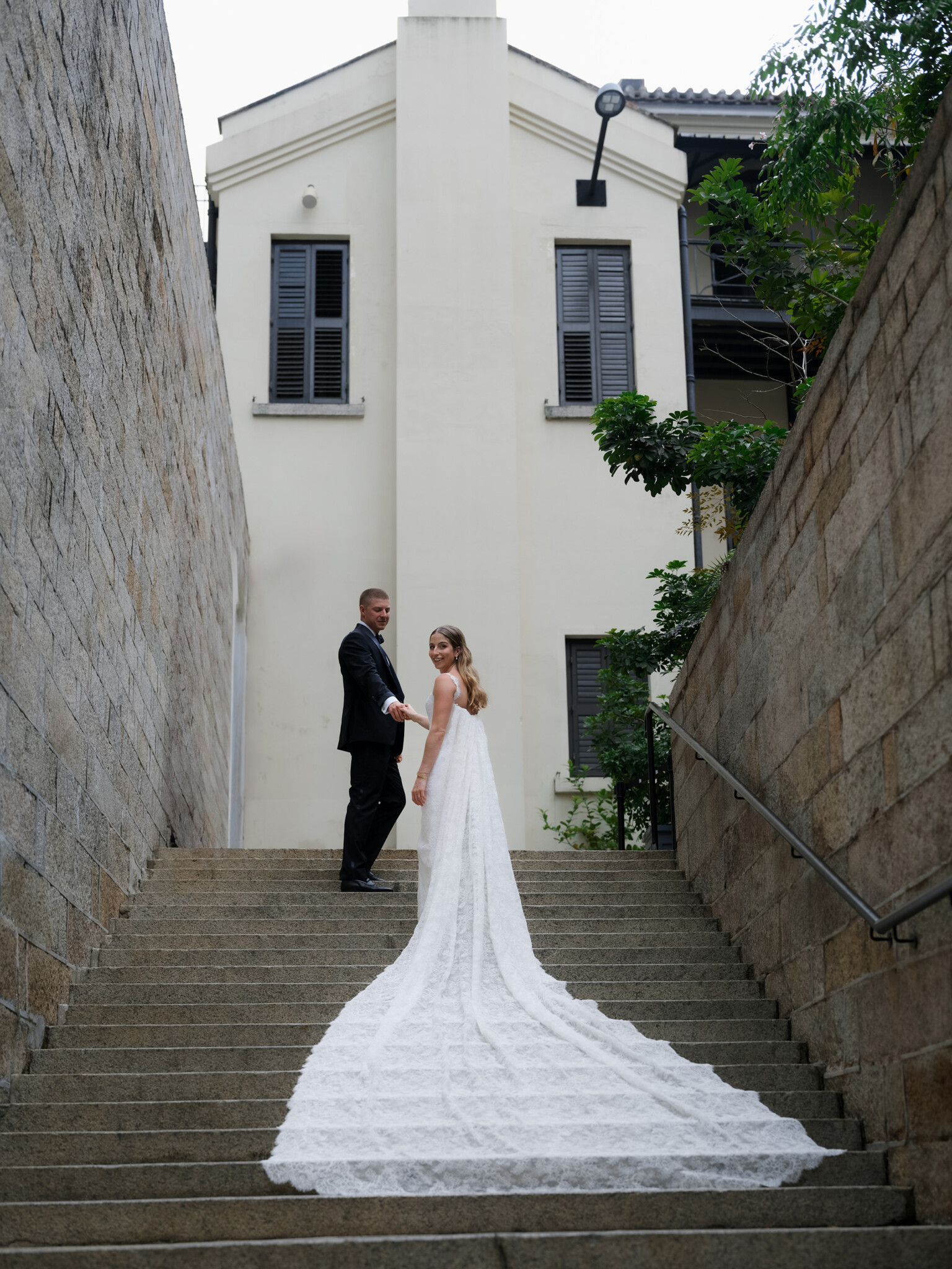 Phillipa Lepley Bride Rachel Hong Kong Wedding Lace Strap Wedding Dress Column Skirt With Lace Scalloped Watteau