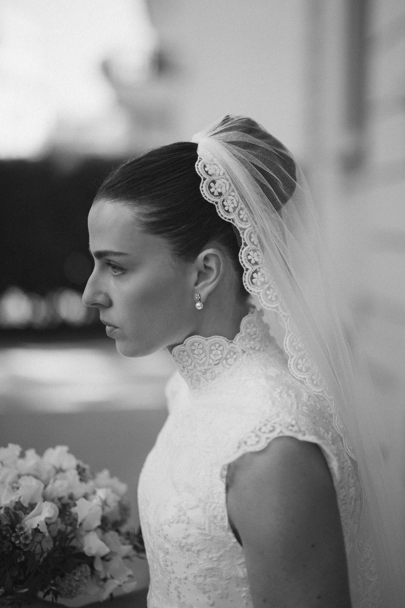 Phillipa Lepley Couture Real Bride Thea Bespoke Vintage Rose Lace Wedding Dress and Vintage Rose Lace Veil