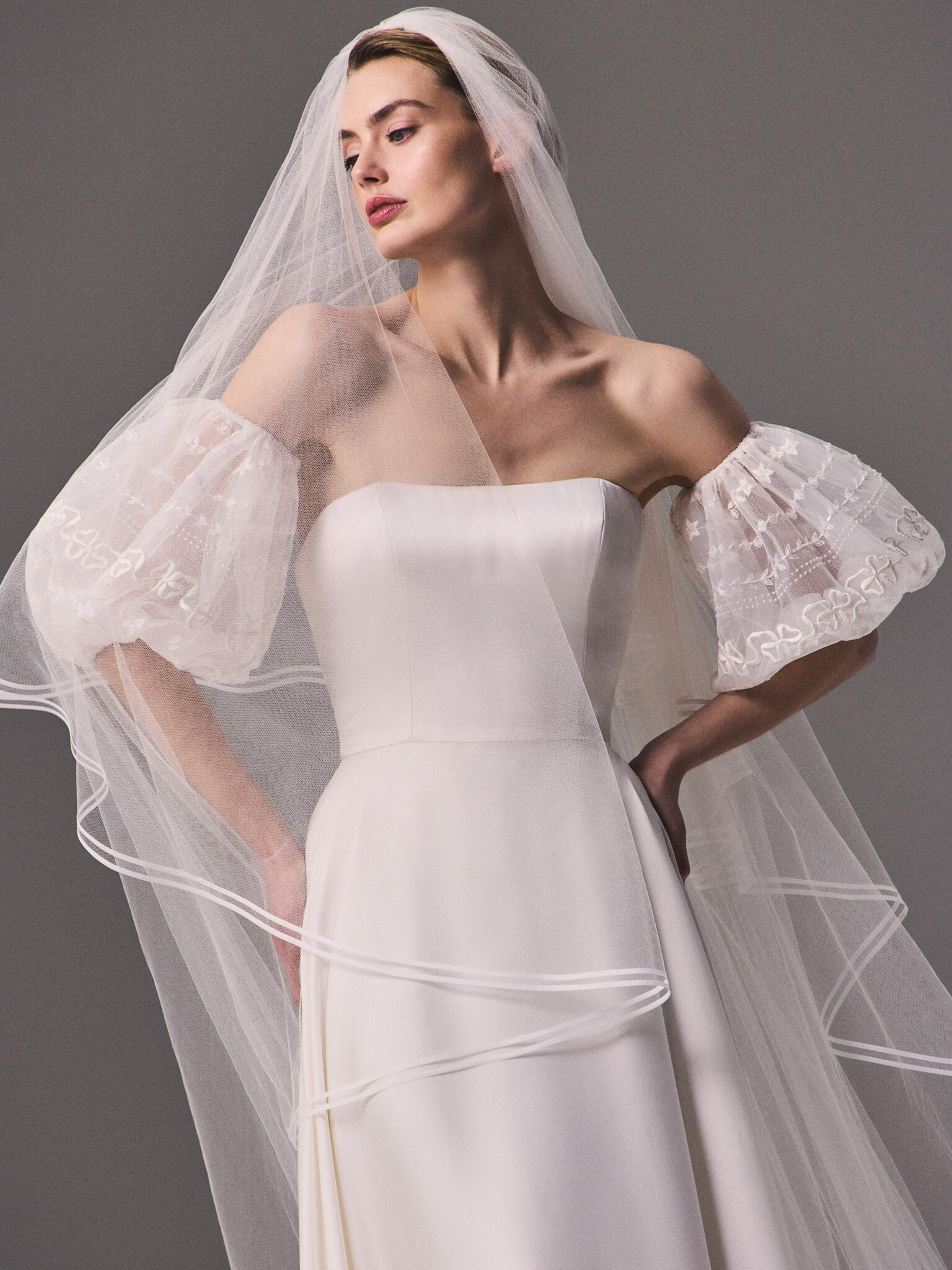 Phillipa Lepley Couture Chapter Forty Vienna Satin Chiffon & Violetta Puff Ball Sleeves