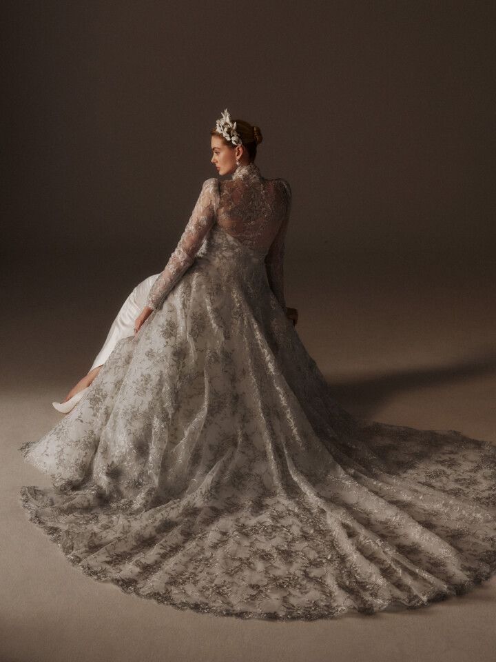 Phillipa Lepley Couture Wedding Dress Grace Collection Silver Darling Coat Silver Lace Eveningwear Coat