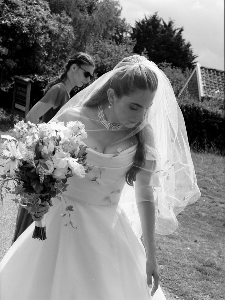Phillipa Lepley bride Victoire Couture Duchess Satin Wedding Dress With Embroidered Colorful Flower Veil