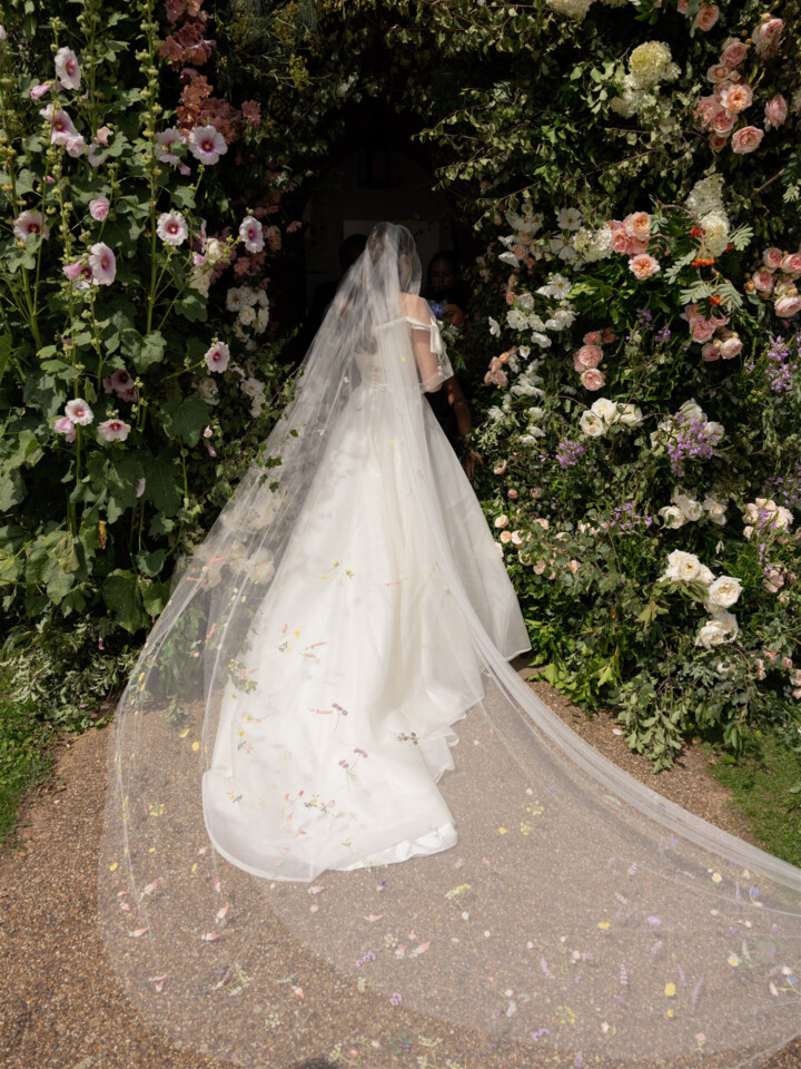 Phillipa Lepley bride Victoire Couture Duchess Satin Wedding Dress With Embroidered Colorful Flower Veil