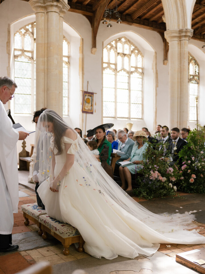 Phillipa Lepley bride Victoire Couture Duchess Satin Wedding Dress With Embroidered Colorful Flower Veil