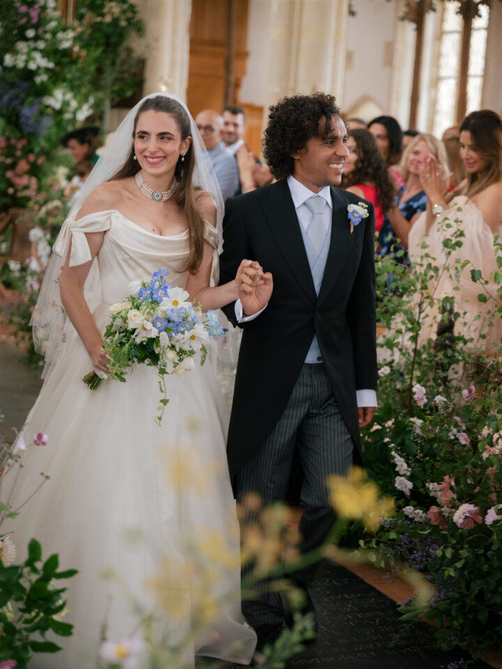 Phillipa Lepley bride Victoire Couture Duchess Satin Wedding Dress With Embroidered Colorful Flower Veil