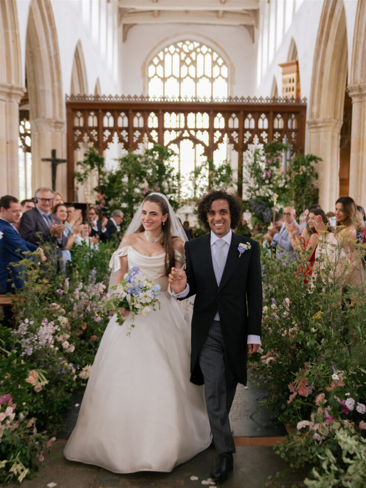 Phillipa Lepley bride Victoire Couture Duchess Satin Wedding Dress With Embroidered Colorful Flower Veil