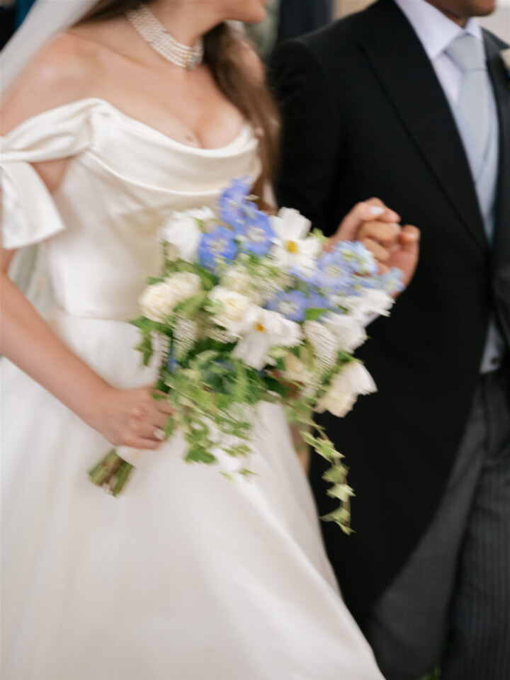 Phillipa Lepley bride Victoire Couture Duchess Satin Wedding Dress With Embroidered Colorful Flower Veil