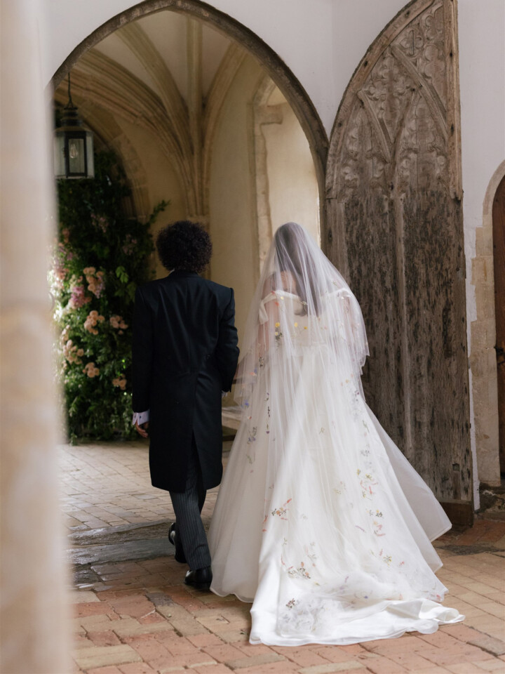 Phillipa Lepley bride Victoire Couture Duchess Satin Wedding Dress With Embroidered Colorful Flower Veil