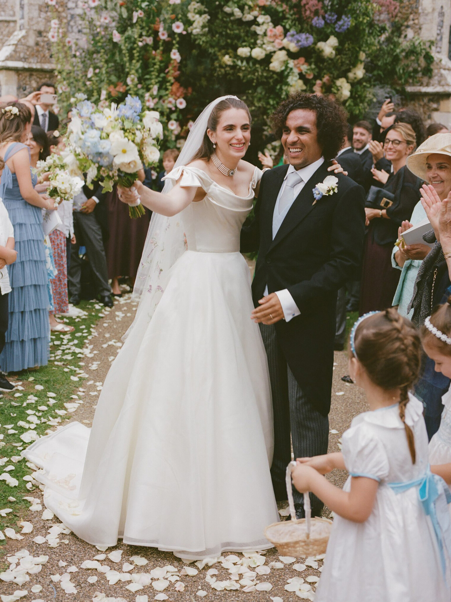 Phillipa Lepley bride Victoire Couture Duchess Satin Wedding Dress With Embroidered Colorful Flower Veil