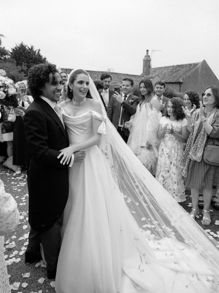 Phillipa Lepley bride Victoire Couture Duchess Satin Wedding Dress With Embroidered Colorful Flower Veil