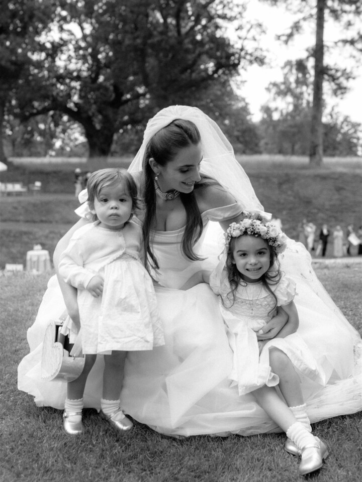 Phillipa Lepley bride Victoire Couture Duchess Satin Wedding Dress With Embroidered Colorful Flower Veil
