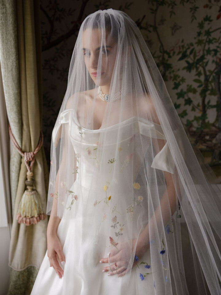 Phillipa Lepley bride Victoire Couture Duchess Satin Wedding Dress With Embroidered Colorful Flower Veil