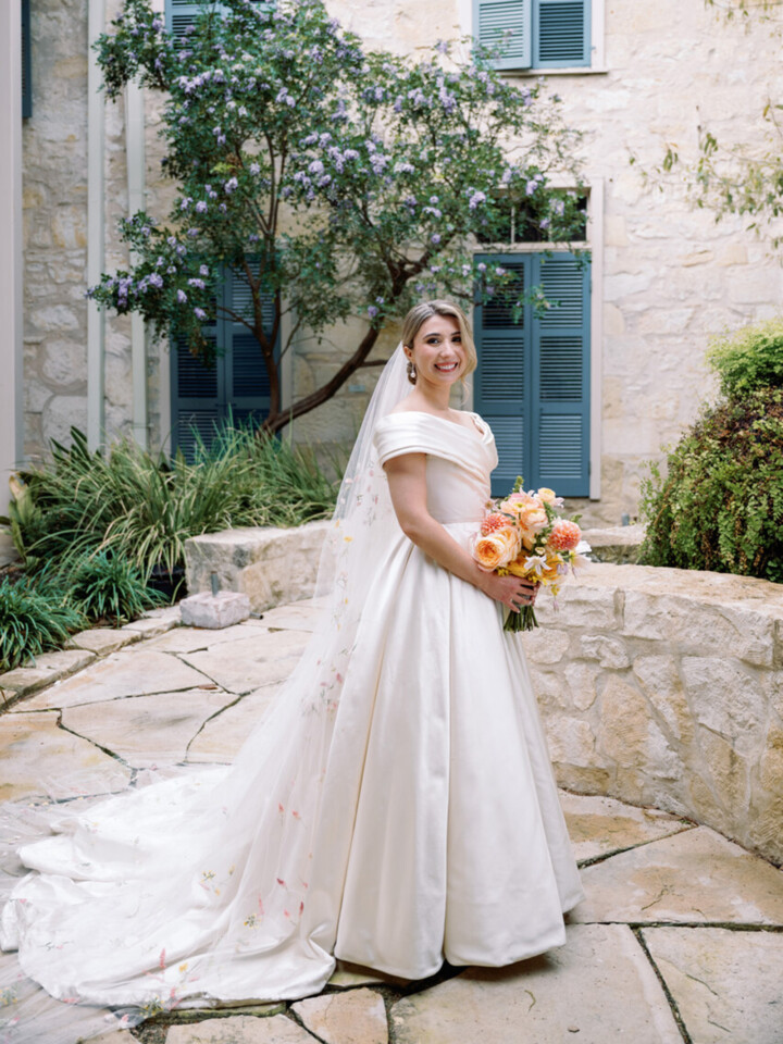 Phillipa Lepley bride Catherine Couture Duchess Satin Off the Shoulder Wedding Dress Texas Wedding Colorful Embroidered Flower Veil