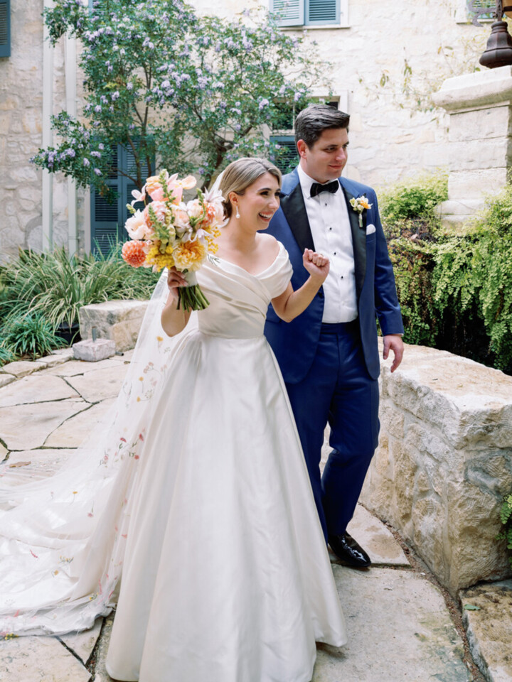 Phillipa Lepley bride Catherine Couture Duchess Satin Off the Shoulder Wedding Dress Texas Wedding Colorful Embroidered Flower Veil